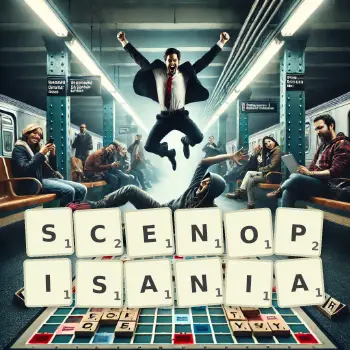 Kreatywna ilustracja do gry w Scrabble ze słowem SCENOPISANIA ułożonym z płytek na planszy.