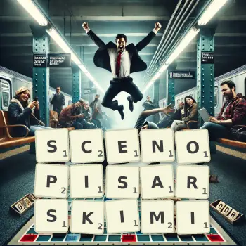 Kreatywna ilustracja do gry w Scrabble ze słowem SCENOPISARSKIMI ułożonym z płytek na planszy.