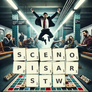 Kreatywna ilustracja do gry w Scrabble ze słowem SCENOPISARSTW ułożonym z płytek na planszy.