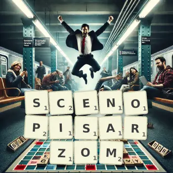 Kreatywna ilustracja do gry w Scrabble ze słowem SCENOPISARZOM ułożonym z płytek na planszy.