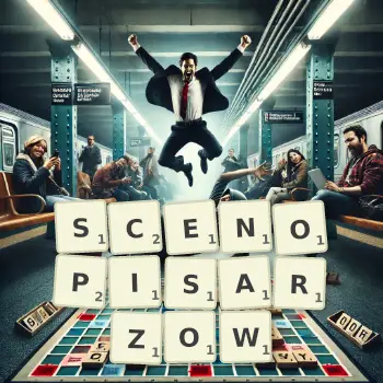 Kreatywna ilustracja do gry w Scrabble ze słowem SCENOPISARZOW ułożonym z płytek na planszy.