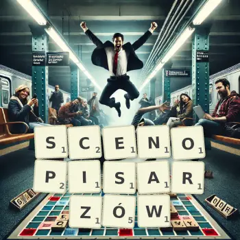 Kreatywna ilustracja do gry w Scrabble ze słowem SCENOPISARZÓW ułożonym z płytek na planszy.