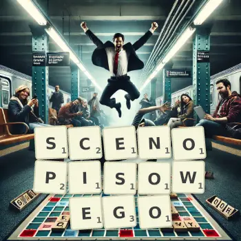 Kreatywna ilustracja do gry w Scrabble ze słowem SCENOPISOWEGO ułożonym z płytek na planszy.