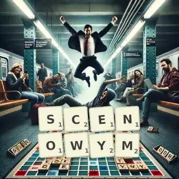 Kreatywna ilustracja do gry w Scrabble ze słowem SCENOWYM ułożonym z płytek na planszy.