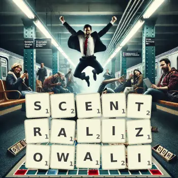 Kreatywna ilustracja do gry w Scrabble ze słowem SCENTRALIZOWALI ułożonym z płytek na planszy.