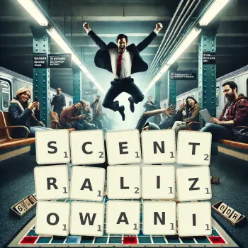 Kreatywna ilustracja do gry w Scrabble ze słowem SCENTRALIZOWANI ułożonym z płytek na planszy.