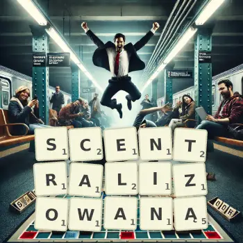 Kreatywna ilustracja do gry w Scrabble ze słowem SCENTRALIZOWANĄ ułożonym z płytek na planszy.