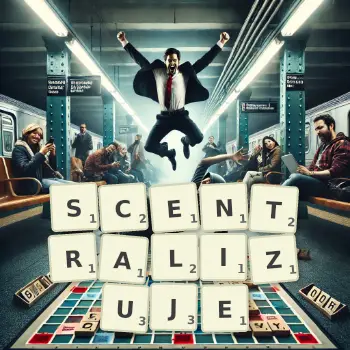 Kreatywna ilustracja do gry w Scrabble ze słowem SCENTRALIZUJE ułożonym z płytek na planszy.