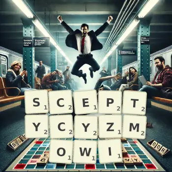 Kreatywna ilustracja do gry w Scrabble ze słowem SCEPTYCYZMOWI ułożonym z płytek na planszy.