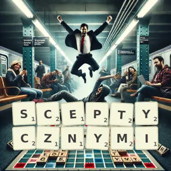 Kreatywna ilustracja do gry w Scrabble ze słowem SCEPTYCZNYMI ułożonym z płytek na planszy.