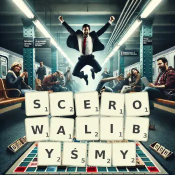 Kreatywna ilustracja do gry w Scrabble ze słowem SCEROWALIBYŚMY ułożonym z płytek na planszy.