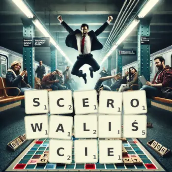 Kreatywna ilustracja do gry w Scrabble ze słowem SCEROWALIŚCIE ułożonym z płytek na planszy.