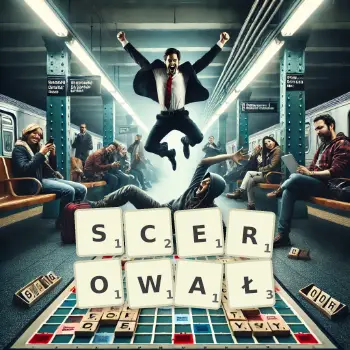 Kreatywna ilustracja do gry w Scrabble ze słowem SCEROWAŁ ułożonym z płytek na planszy.