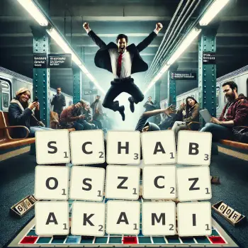Kreatywna ilustracja do gry w Scrabble ze słowem SCHABOSZCZAKAMI ułożonym z płytek na planszy.