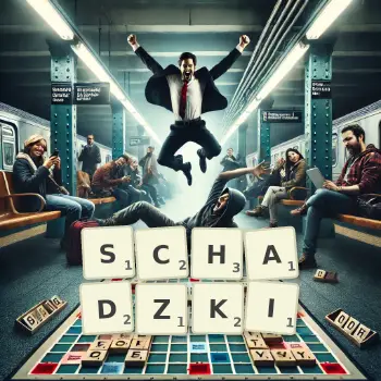 Kreatywna ilustracja do gry w Scrabble ze słowem SCHADZKI ułożonym z płytek na planszy.