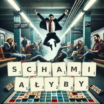 Kreatywna ilustracja do gry w Scrabble ze słowem SCHAMIAŁYBY ułożonym z płytek na planszy.