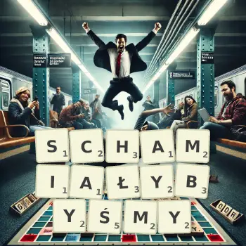 Kreatywna ilustracja do gry w Scrabble ze słowem SCHAMIAŁYBYŚMY ułożonym z płytek na planszy.