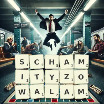 Kreatywna ilustracja do gry w Scrabble ze słowem SCHAMITYZOWALAM ułożonym z płytek na planszy.