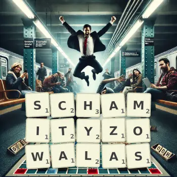 Kreatywna ilustracja do gry w Scrabble ze słowem SCHAMITYZOWALAS ułożonym z płytek na planszy.