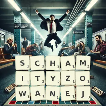 Kreatywna ilustracja do gry w Scrabble ze słowem SCHAMITYZOWANEJ ułożonym z płytek na planszy.