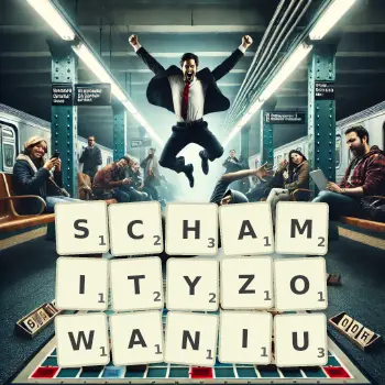 Kreatywna ilustracja do gry w Scrabble ze słowem SCHAMITYZOWANIU ułożonym z płytek na planszy.