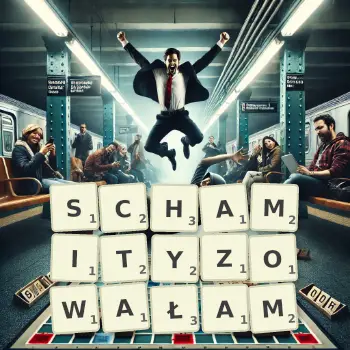 Kreatywna ilustracja do gry w Scrabble ze słowem SCHAMITYZOWAŁAM ułożonym z płytek na planszy.