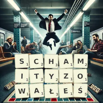 Kreatywna ilustracja do gry w Scrabble ze słowem SCHAMITYZOWAŁEŚ ułożonym z płytek na planszy.