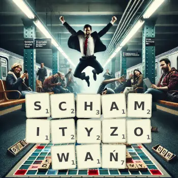 Kreatywna ilustracja do gry w Scrabble ze słowem SCHAMITYZOWAŃ ułożonym z płytek na planszy.