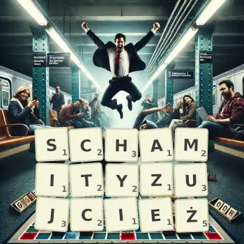 Kreatywna ilustracja do gry w Scrabble ze słowem SCHAMITYZUJCIEŻ ułożonym z płytek na planszy.