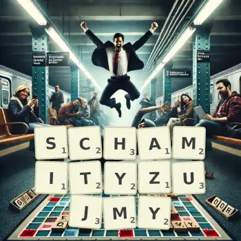 Kreatywna ilustracja do gry w Scrabble ze słowem SCHAMITYZUJMY ułożonym z płytek na planszy.