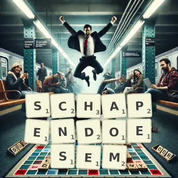 Kreatywna ilustracja do gry w Scrabble ze słowem SCHAPENDOESEM ułożonym z płytek na planszy.