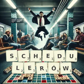 Kreatywna ilustracja do gry w Scrabble ze słowem SCHEDULERÓW ułożonym z płytek na planszy.