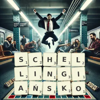 Kreatywna ilustracja do gry w Scrabble ze słowem SCHELLINGIAŃSKO ułożonym z płytek na planszy.