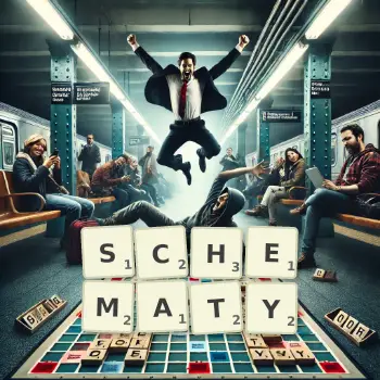 Kreatywna ilustracja do gry w Scrabble ze słowem SCHEMATY ułożonym z płytek na planszy.