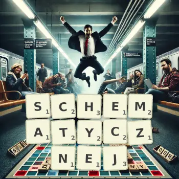 Kreatywna ilustracja do gry w Scrabble ze słowem SCHEMATYCZNEJ ułożonym z płytek na planszy.