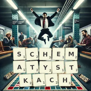 Kreatywna ilustracja do gry w Scrabble ze słowem SCHEMATYSTKACH ułożonym z płytek na planszy.