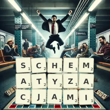 Kreatywna ilustracja do gry w Scrabble ze słowem SCHEMATYZACJAMI ułożonym z płytek na planszy.