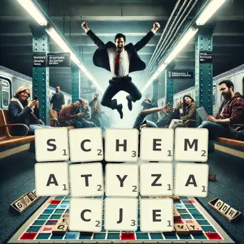 Kreatywna ilustracja do gry w Scrabble ze słowem SCHEMATYZACJE ułożonym z płytek na planszy.