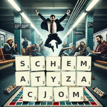 Kreatywna ilustracja do gry w Scrabble ze słowem SCHEMATYZACJOM ułożonym z płytek na planszy.