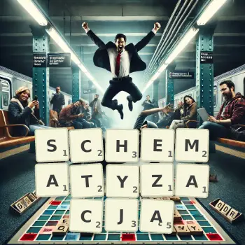 Kreatywna ilustracja do gry w Scrabble ze słowem SCHEMATYZACJĄ ułożonym z płytek na planszy.