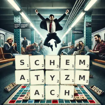Kreatywna ilustracja do gry w Scrabble ze słowem SCHEMATYZMACH ułożonym z płytek na planszy.
