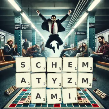 Kreatywna ilustracja do gry w Scrabble ze słowem SCHEMATYZMAMI ułożonym z płytek na planszy.