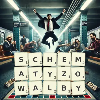 Kreatywna ilustracja do gry w Scrabble ze słowem SCHEMATYZOWALBY ułożonym z płytek na planszy.