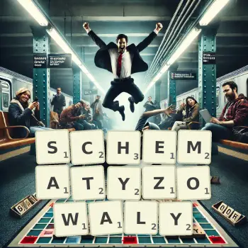 Kreatywna ilustracja do gry w Scrabble ze słowem SCHEMATYZOWALY ułożonym z płytek na planszy.