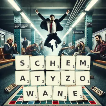 Kreatywna ilustracja do gry w Scrabble ze słowem SCHEMATYZOWANE ułożonym z płytek na planszy.