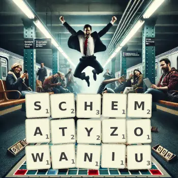 Kreatywna ilustracja do gry w Scrabble ze słowem SCHEMATYZOWANIU ułożonym z płytek na planszy.