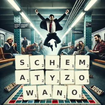 Kreatywna ilustracja do gry w Scrabble ze słowem SCHEMATYZOWANO ułożonym z płytek na planszy.