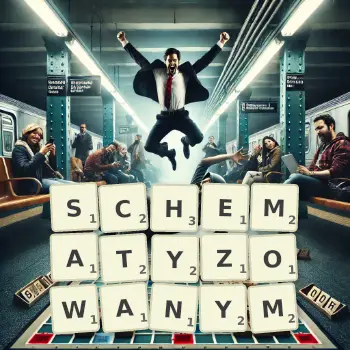 Kreatywna ilustracja do gry w Scrabble ze słowem SCHEMATYZOWANYM ułożonym z płytek na planszy.