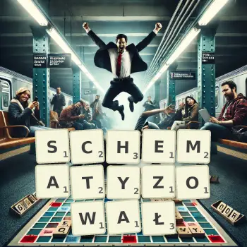 Kreatywna ilustracja do gry w Scrabble ze słowem SCHEMATYZOWAŁ ułożonym z płytek na planszy.
