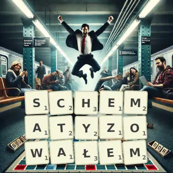 Kreatywna ilustracja do gry w Scrabble ze słowem SCHEMATYZOWAŁEM ułożonym z płytek na planszy.